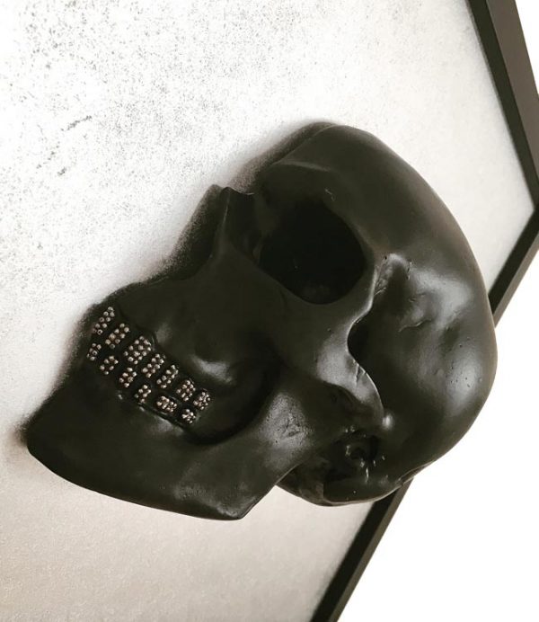 Handmade 3D Frame - Black Skull With Silver Rhinestone Teeth On Silver by Haus of Skulls