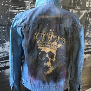 Denim Jacket With Black Pink and Gold Base and Gold Skull