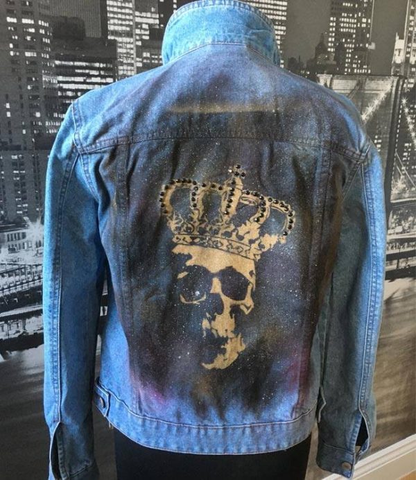 Denim Jacket With Black Pink and Gold Base and Gold Skull