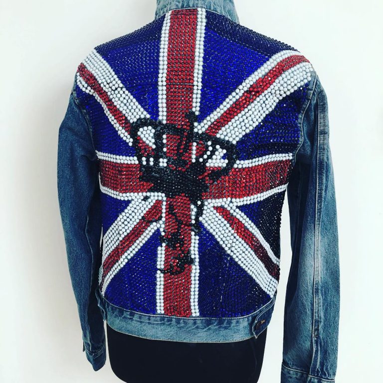 Denim Jacket With Rhinestone Union Jack And Black Skull - Haus of Skulls